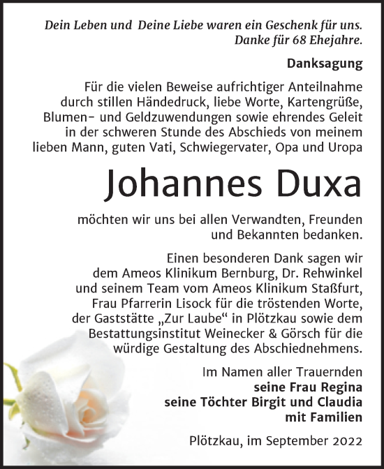 Traueranzeige von Johannes Duxa von Trauerkombi Bernburg