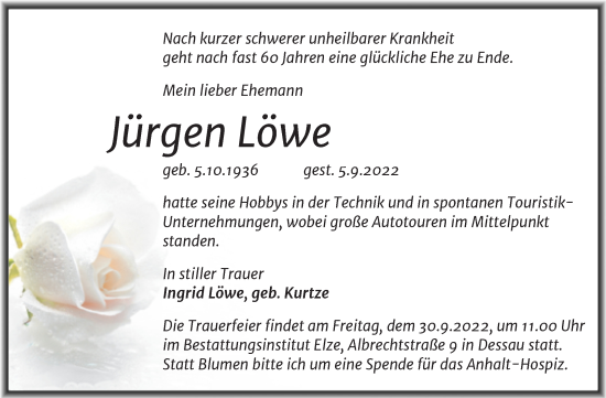 Traueranzeige von Jürgen Löwe von Trauerkombi Dessau