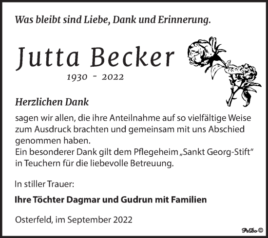 Traueranzeige von Jutta Becker von Trauerkombi Zeitz