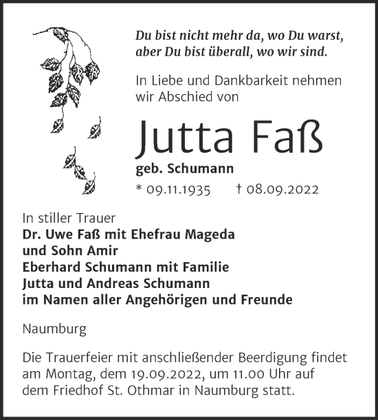 Traueranzeige von Jutta Faß von Naumburger Tageblatt