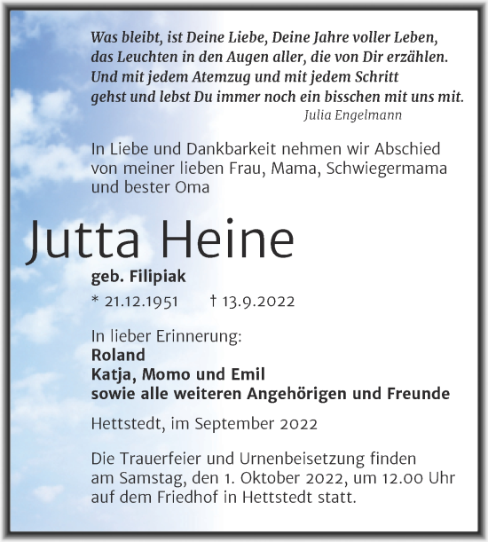 Traueranzeige von Jutta Heine von Mitteldeutsche Zeitung Mansfelder Land