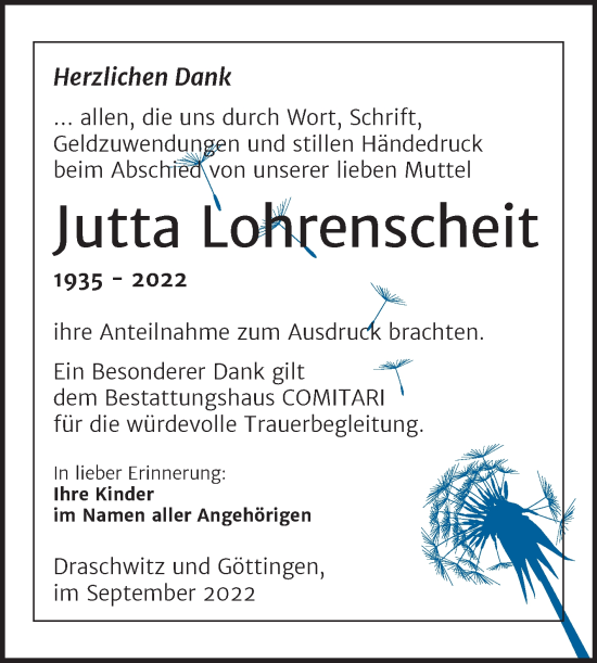 Traueranzeige von Jutta Lohrenscheit von Trauerkombi Zeitz