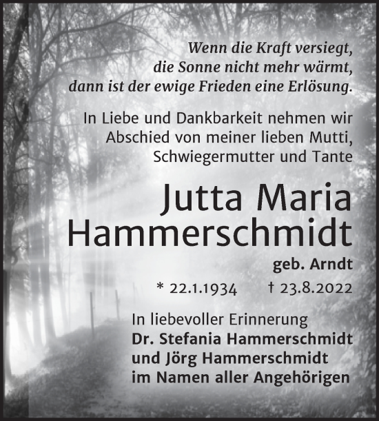 Traueranzeige von Jutta Maria Hammerschmidt von Mitteldeutsche Zeitung Halle/Saalkreis