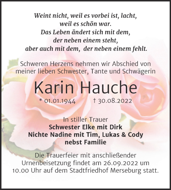 Traueranzeige von Karin Hauche von Trauerkombi Merseburg