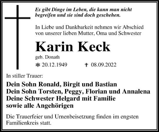Traueranzeige von Karin Keck von Trauerkombi Wittenberg