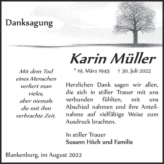 Traueranzeige von Karin Müller von Super Sonntag Zeitz
