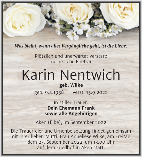 Traueranzeige von Karin Nentwich von Mitteldeutsche Zeitung Köthen
