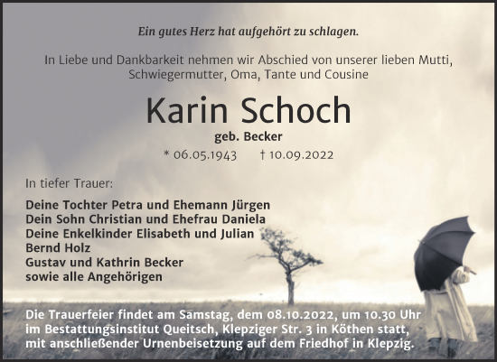 Traueranzeige von Karin Schoch von Trauerkombi Köthen