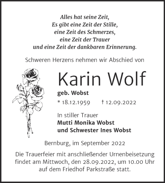 Traueranzeige von Karin Wolf von Trauerkombi Bernburg