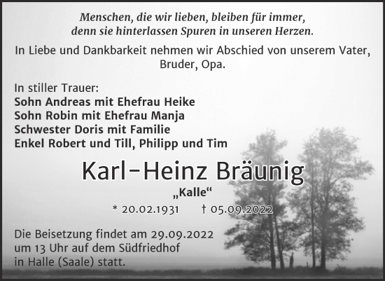 Traueranzeige von Karl-Heinz Bräunig von Mitteldeutsche Zeitung Halle/Saalkreis