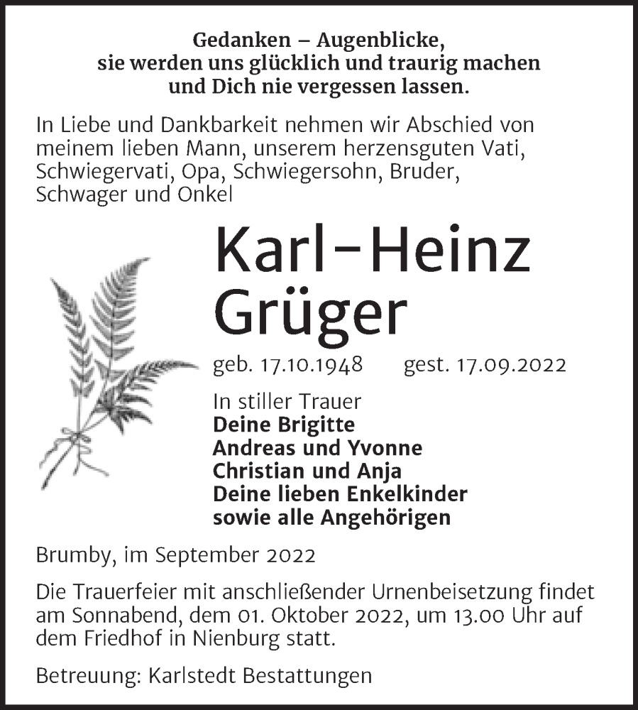  Traueranzeige für Karl-Heinz Grüger vom 24.09.2022 aus Trauerkombi Bernburg