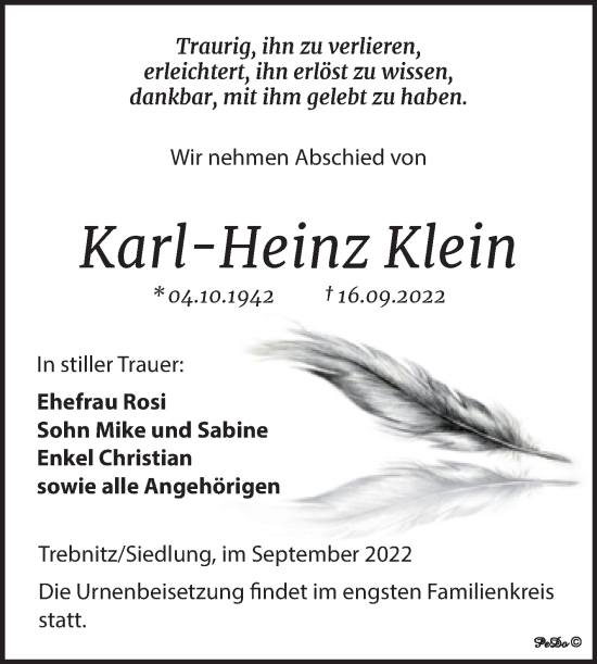 Traueranzeige von Karl-Heinz Klein von Trauerkombi Weißenfels