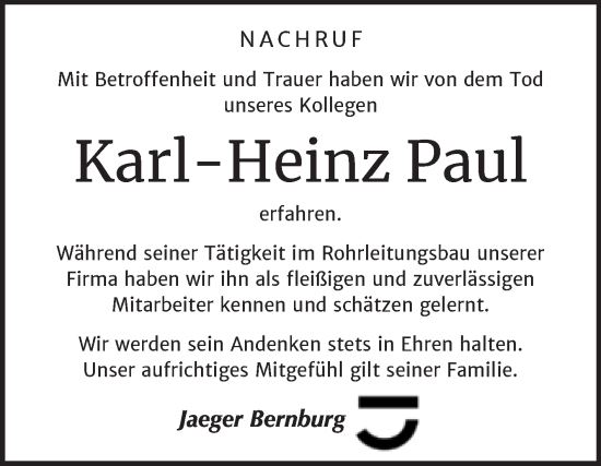 Traueranzeige von Karl-Heinz Paul von Super Sonntag Bernburg