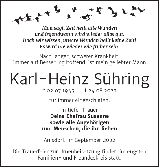 Traueranzeige von Karl-Heinz Sühring von Trauerkombi Mansfelder Land