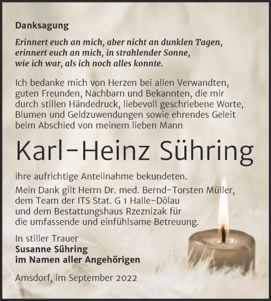 Traueranzeige von Karl-Heinz Sühring von Trauerkombi Mansfelder Land