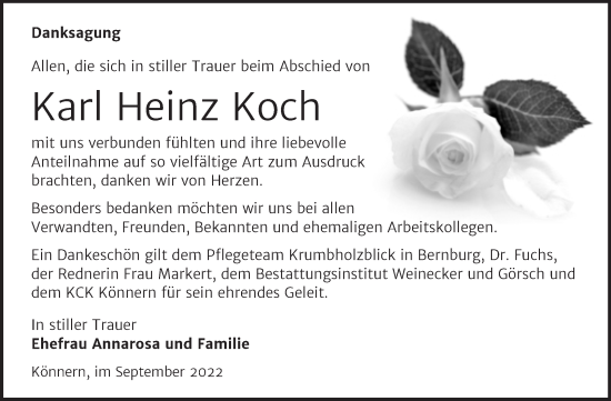 Traueranzeige von Karl Heinz Koch von Trauerkombi Bernburg
