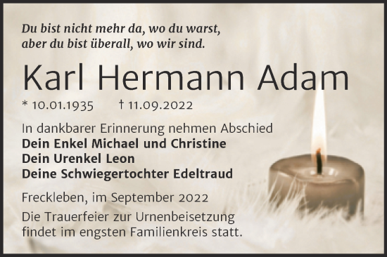 Traueranzeige von Karl Hermann Adam von Trauerkombi Aschersleben
