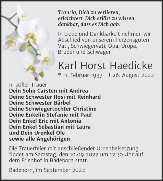 Traueranzeige von Karl Horst Haedicke von Trauerkombi Quedlinburg