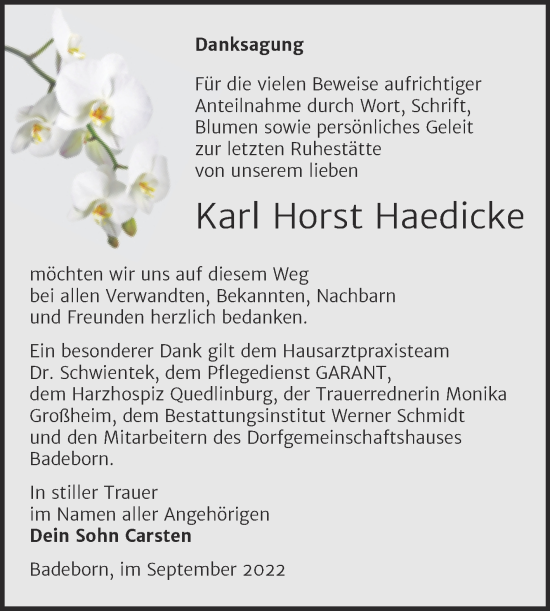 Traueranzeige von Karl Horst Haedicke von Trauerkombi Quedlinburg