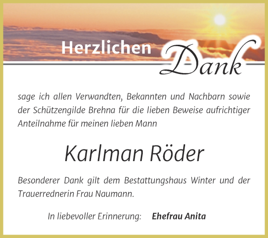Traueranzeige von Karlman Röder von Trauerkombi Bitterfeld