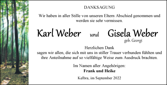 Traueranzeige von Karl und Gisela Weber von Trauerkombi Sangerhausen
