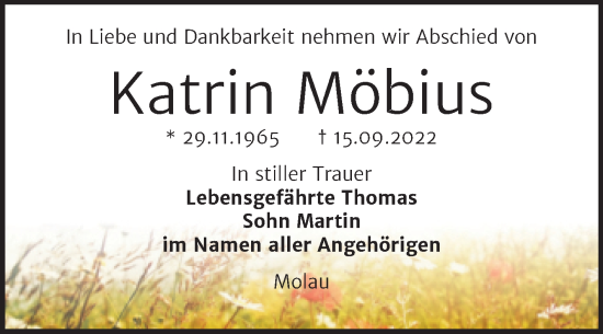 Traueranzeige von Katrin Möbius von Wochenspiegel Naumburg/Nebra