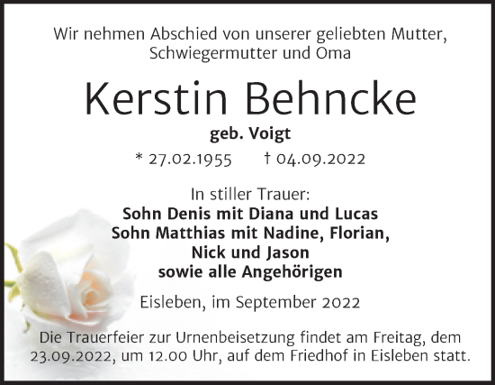 Traueranzeige von Kerstin Behncke von Trauerkombi Mansfelder Land