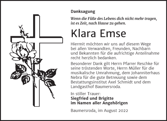 Traueranzeige von Klara Emse von Naumburger Tageblatt