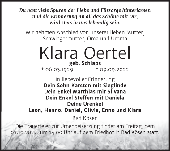 Traueranzeige von Klara Oertel von Wochenspiegel Naumburg/Nebra