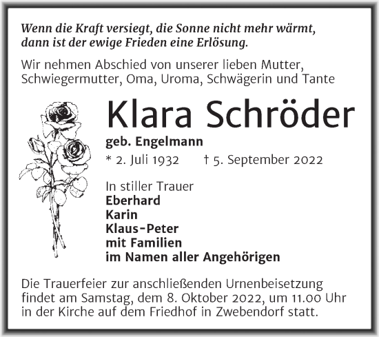 Traueranzeige von Klara Schröder von Mitteldeutsche Zeitung Halle/Saalkreis