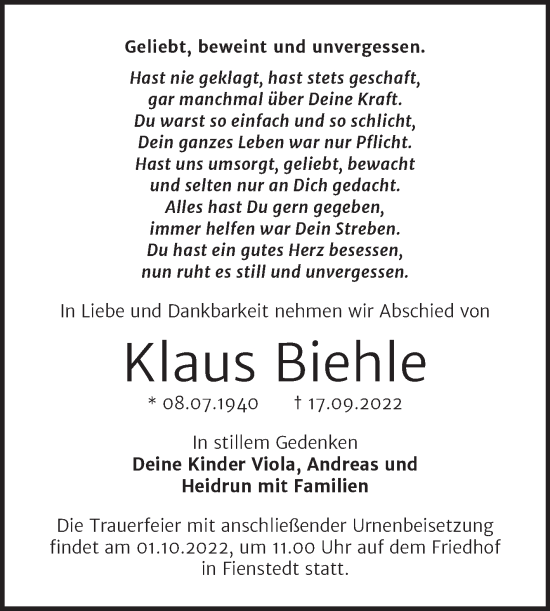 Traueranzeige von Klaus Biehle von Mitteldeutsche Zeitung Merseburg/Querfurt