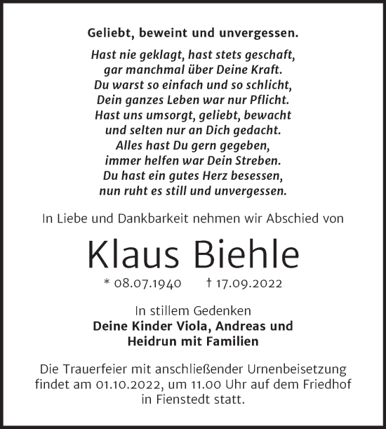 Traueranzeige von Klaus Biehle von Mitteldeutsche Zeitung Halle/Saalkreis