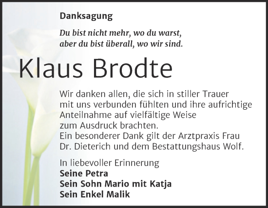 Traueranzeige von Klaus Brodte von Trauerkombi Weißenfels