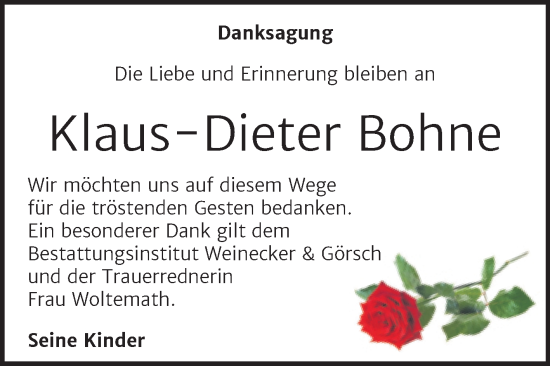 Traueranzeige von Klaus-Dieter Bohne von Trauerkombi Bernburg