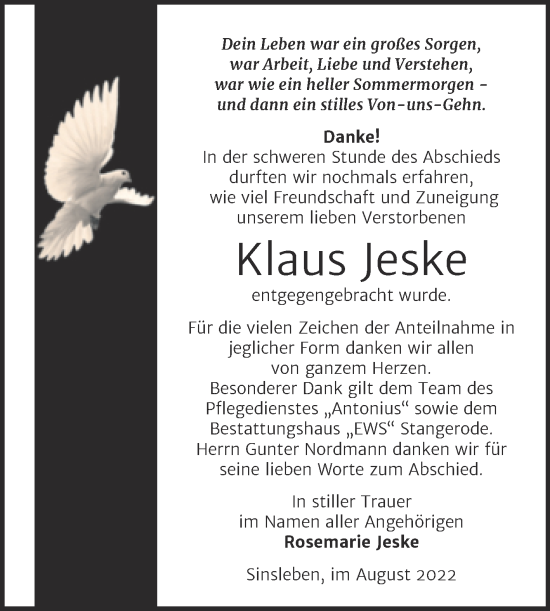 Traueranzeige von Klaus Jeske von Trauerkombi Quedlinburg