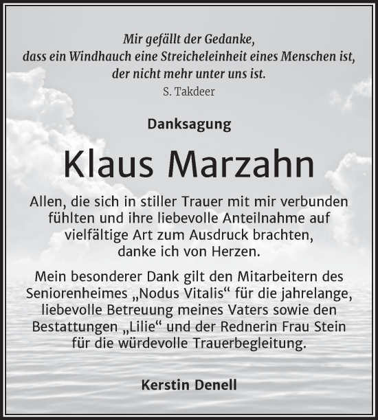 Traueranzeige von Klaus Marzahn von Trauerkombi Dessau