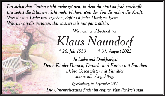 Traueranzeige von Klaus Naundorf von Trauerkombi Quedlinburg