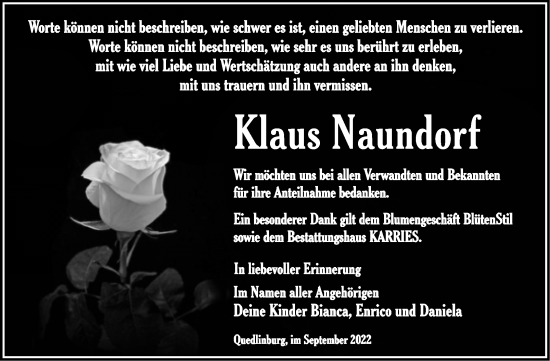 Traueranzeige von Klaus Naundorf von Trauerkombi Quedlinburg