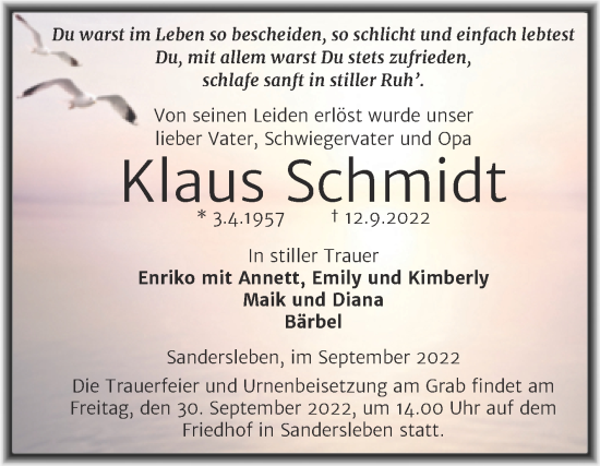 Traueranzeige von Klaus Schmidt von Trauerkombi Mansfelder Land