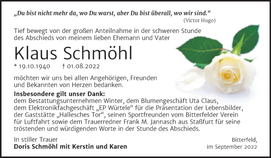 Traueranzeige von Klaus Schmöhl von Trauerkombi Bitterfeld