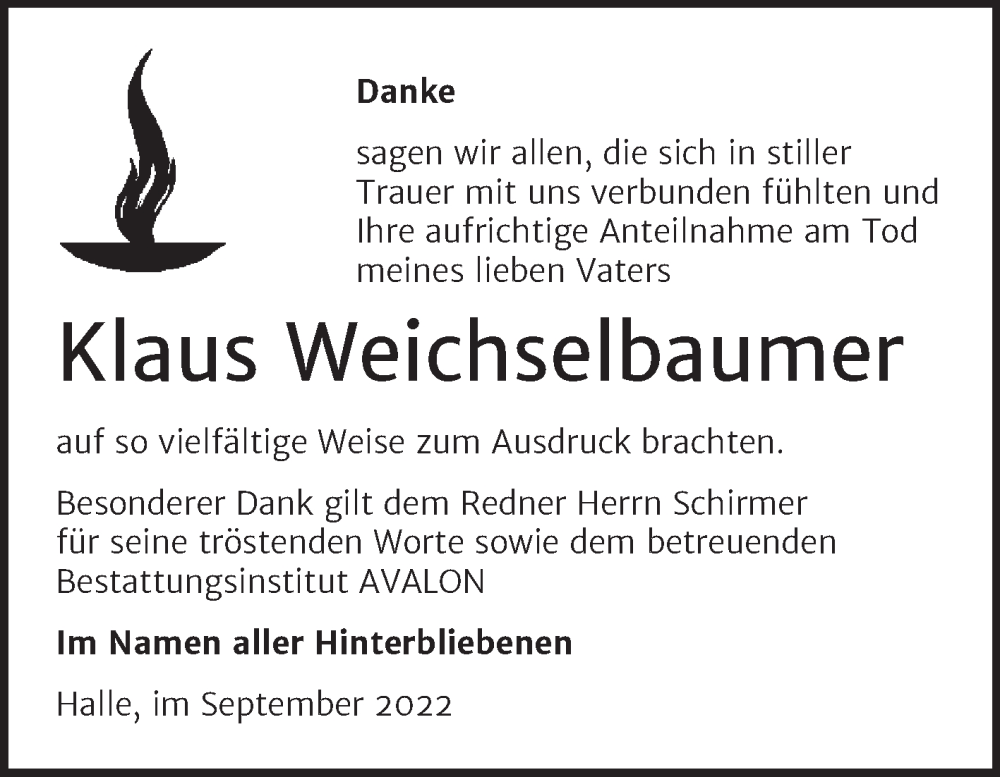  Traueranzeige für Klaus Weichselbaumer vom 10.09.2022 aus Mitteldeutsche Zeitung Halle/Saalkreis
