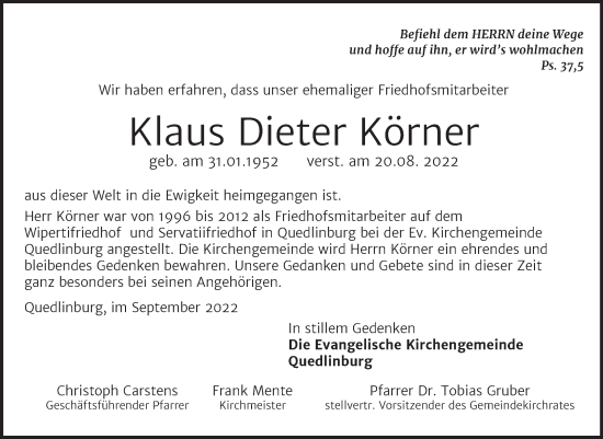 Traueranzeige von Klaus Dieter Körner von Super Sonntag Quedlingburg