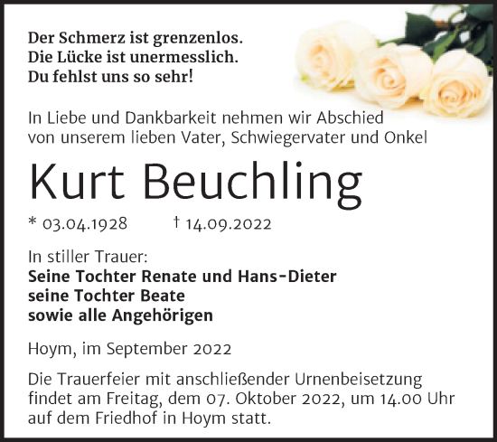 Traueranzeige von Kurt Beuchling von Trauerkombi Aschersleben
