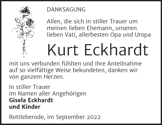 Traueranzeige von Kurt Eckhardt von Trauerkombi Sangerhausen