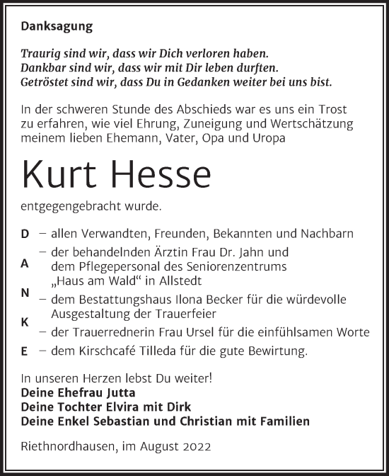 Traueranzeige von Kurt Hesse von Trauerkombi Sangerhausen