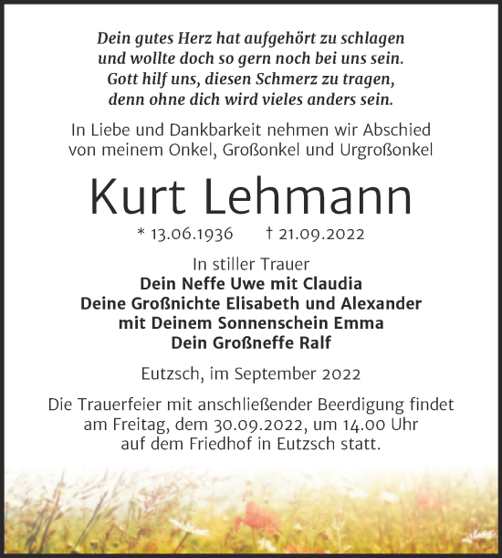 Traueranzeige von Kurt Lehmann von Trauerkombi Wittenberg