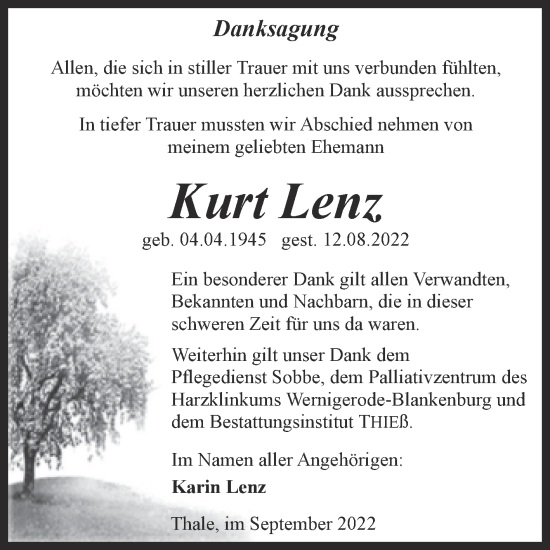 Traueranzeige von Kurt Lenz von Trauerkombi Quedlinburg