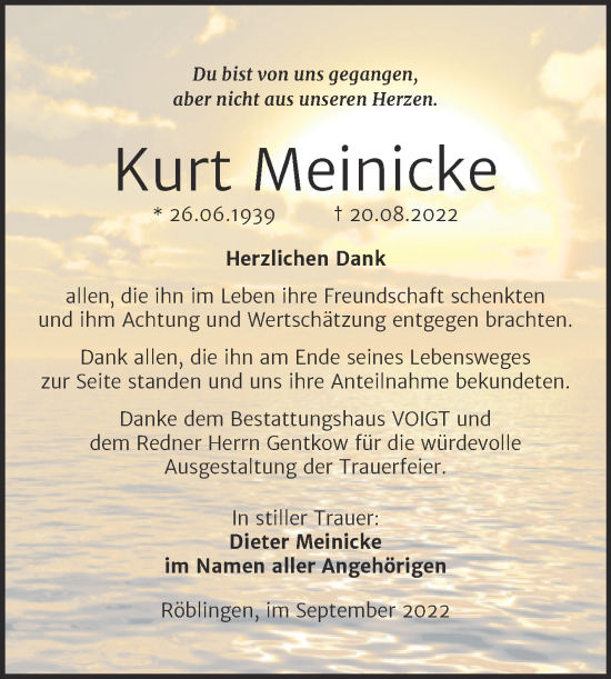 Traueranzeige von Kurt Meinicke von Trauerkombi Mansfelder Land