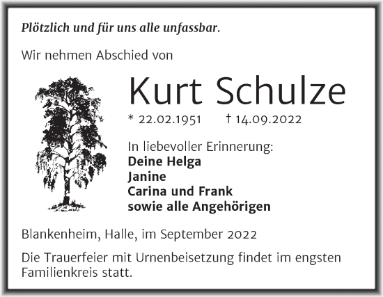 Traueranzeige von Kurt Schulze von Trauerkombi Sangerhausen