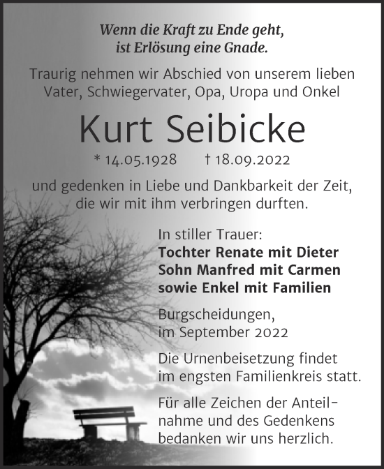 Traueranzeige von Kurt Seibicke von Wochenspiegel Naumburg/Nebra